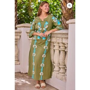 Debbie Katz South Beach Embroidered Cotton Maxi Dress Olive Green XL